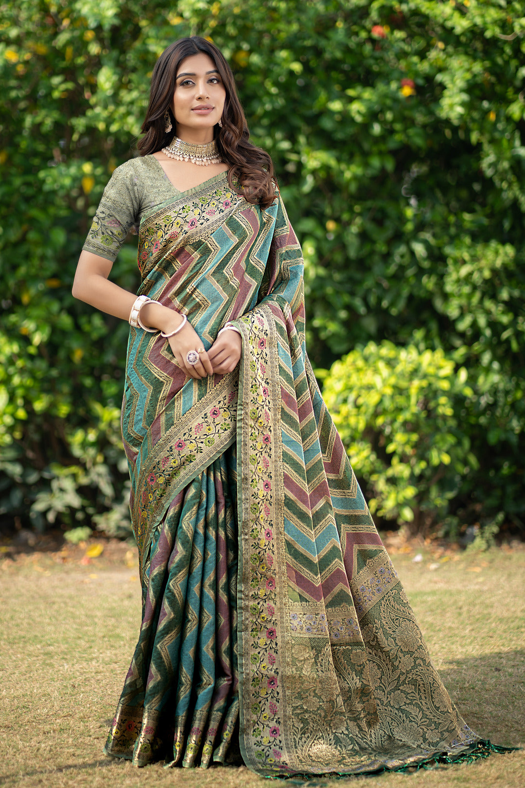 Rangkat Pickle Green Leheriya Design Banarasi Organza Saree
