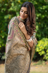 Rangkat Gunsmoke Grey Leheriya Design Banarasi Organza Saree