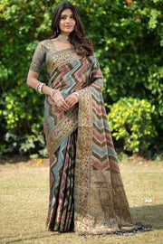 Rangkat Gunsmoke Grey Leheriya Design Banarasi Organza Saree