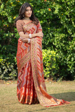 Load image into Gallery viewer, Rangkat Safron Orange Leheriya Design Banarasi Organza Saree
