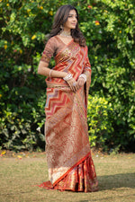 Load image into Gallery viewer, Rangkat Safron Orange Leheriya Design Banarasi Organza Saree
