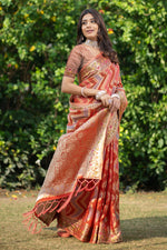 Load image into Gallery viewer, Rangkat Safron Orange Leheriya Design Banarasi Organza Saree
