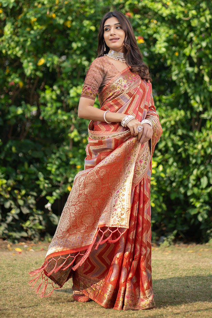 Rangkat Safron Orange Leheriya Design Banarasi Organza Saree