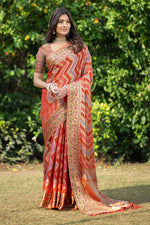 Load image into Gallery viewer, Rangkat Safron Orange Leheriya Design Banarasi Organza Saree
