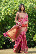 Load image into Gallery viewer, Rangkat Fuscia Pink Leheriya Design Banarasi Organza Saree
