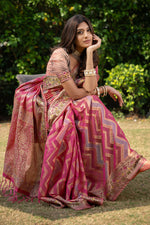 Load image into Gallery viewer, Rangkat Fuscia Pink Leheriya Design Banarasi Organza Saree
