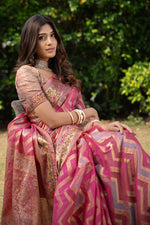 Load image into Gallery viewer, Rangkat Fuscia Pink Leheriya Design Banarasi Organza Saree
