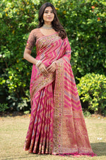 Load image into Gallery viewer, Rangkat Fuscia Pink Leheriya Design Banarasi Organza Saree
