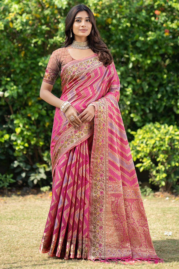 Rangkat Fuscia Pink Leheriya Design Banarasi Organza Saree