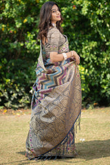 Rangkat Lapis Lazuli Teal Leheriya Design Banarasi Organza Saree
