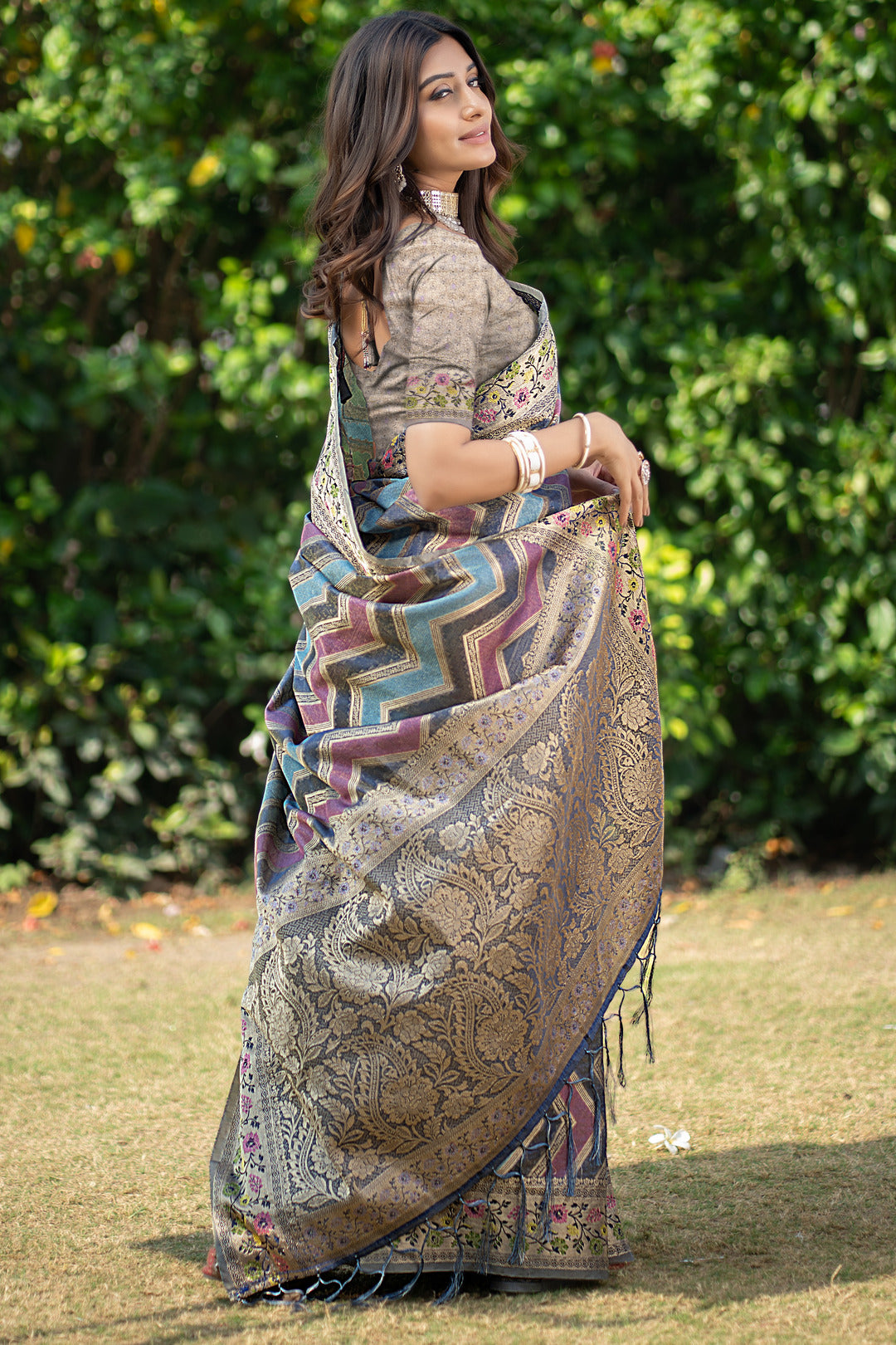 Rangkat Lapis Lazuli Teal Leheriya Design Banarasi Organza Saree