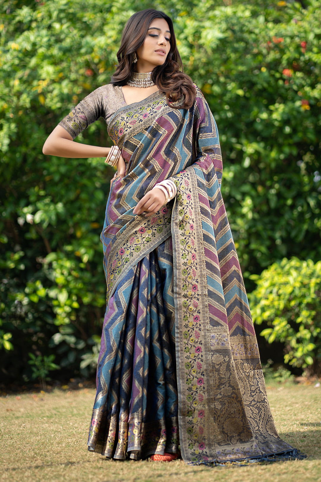 Rangkat Lapis Lazuli Teal Leheriya Design Banarasi Organza Saree