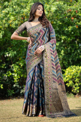Rangkat Lapis Lazuli Teal Leheriya Design Banarasi Organza Saree