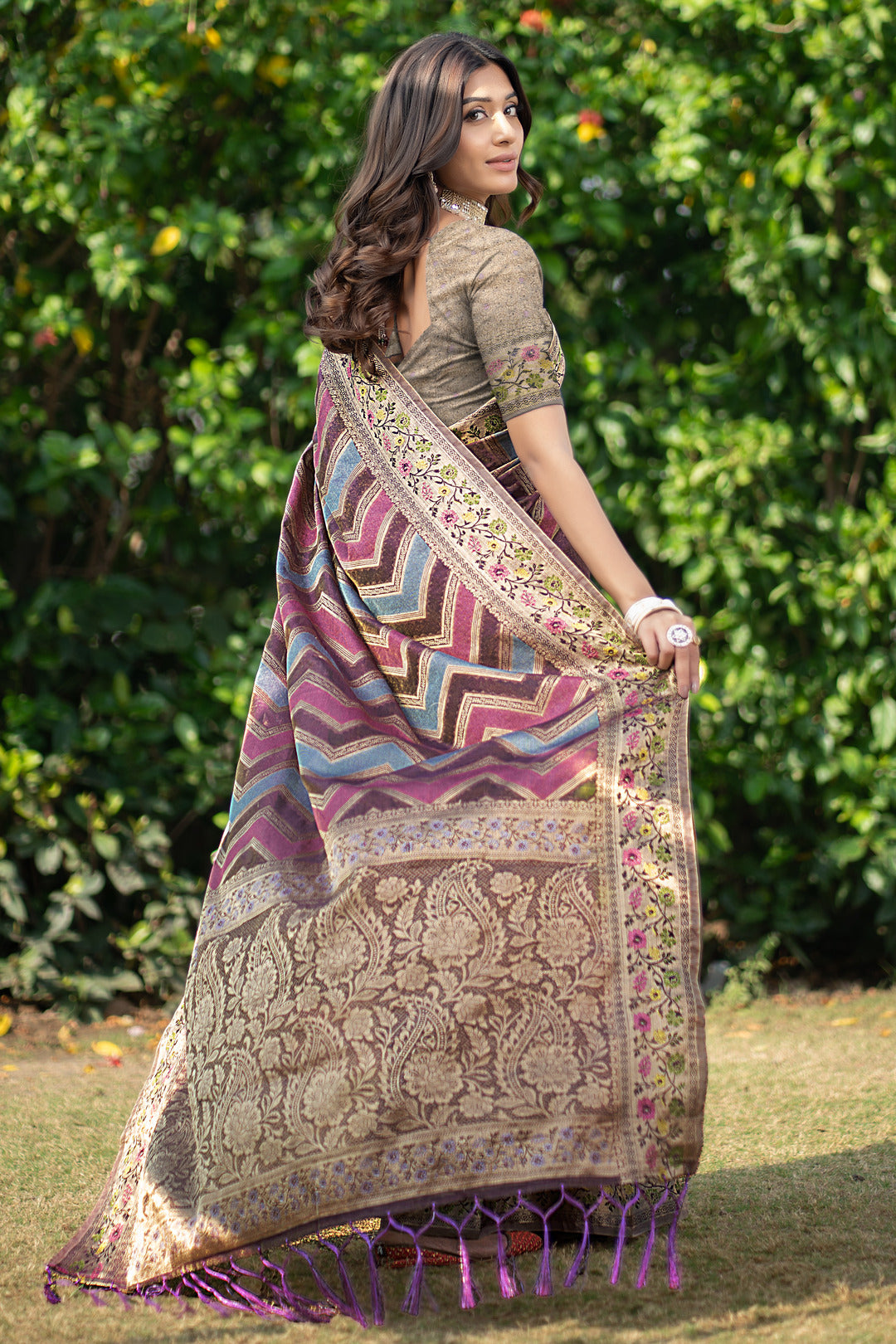 Rangkat Purpureus Wine Leheriya Design Banarasi Organza Saree