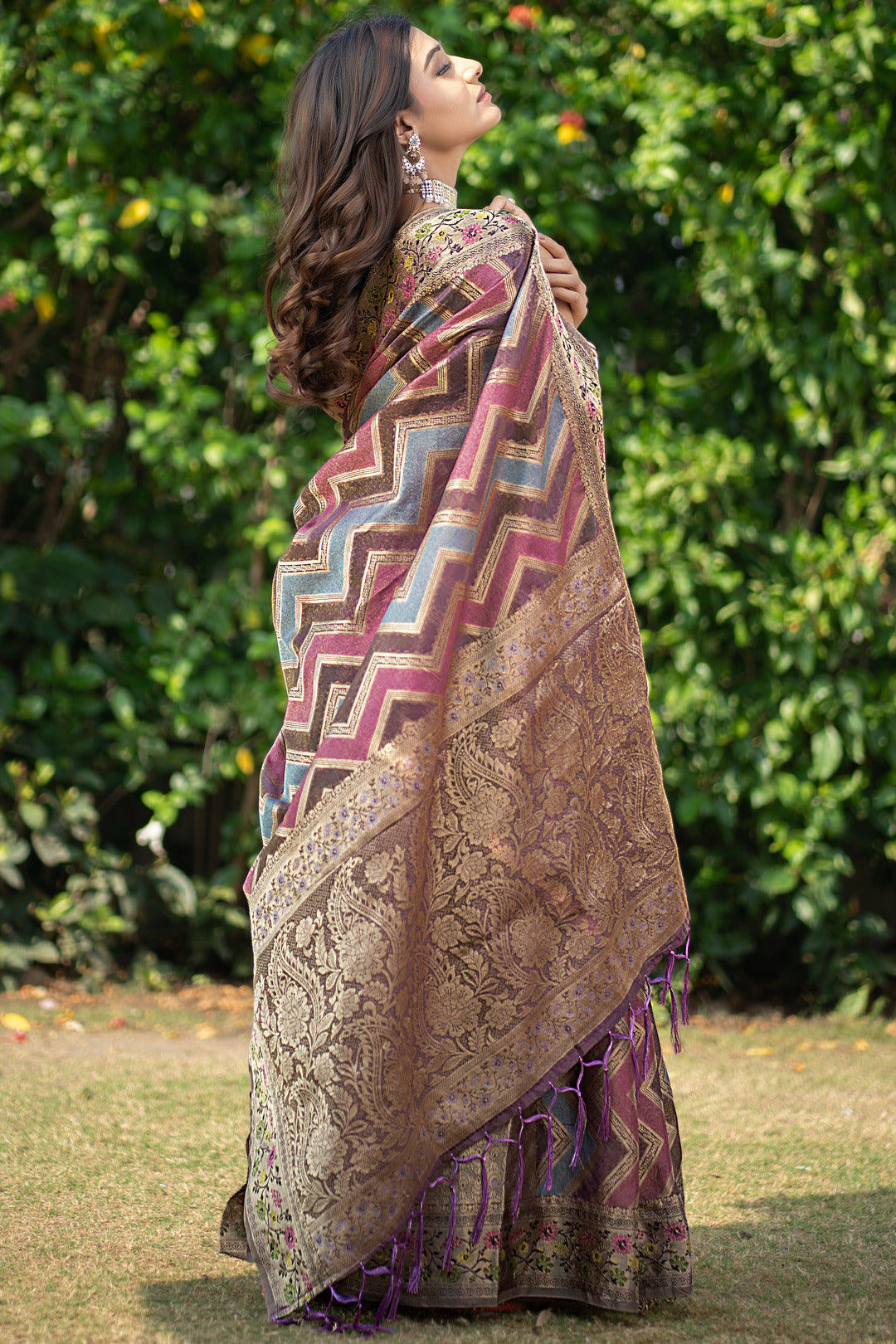 Rangkat Purpureus Wine Leheriya Design Banarasi Organza Saree