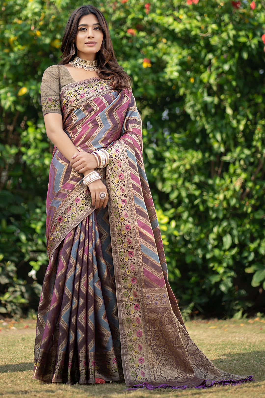 Rangkat Purpureus Wine Leheriya Design Banarasi Organza Saree