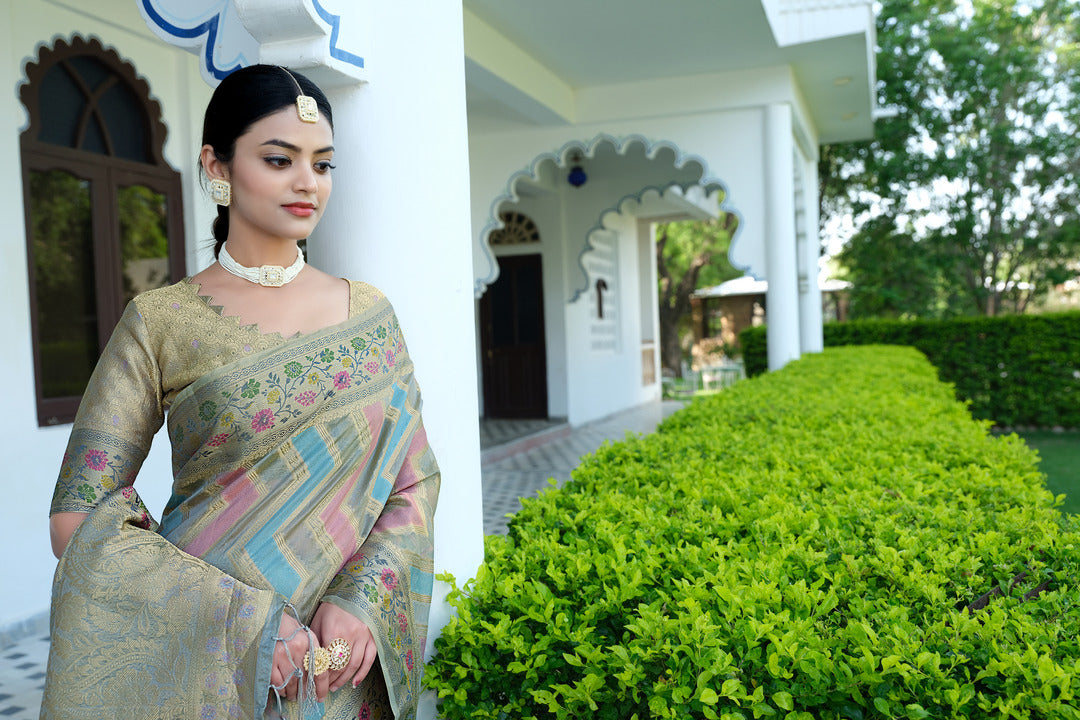 Rangkat Ash Grey Leheriya Design Banarasi Organza Saree