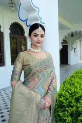 Rangkat Ash Grey Leheriya Design Banarasi Organza Saree