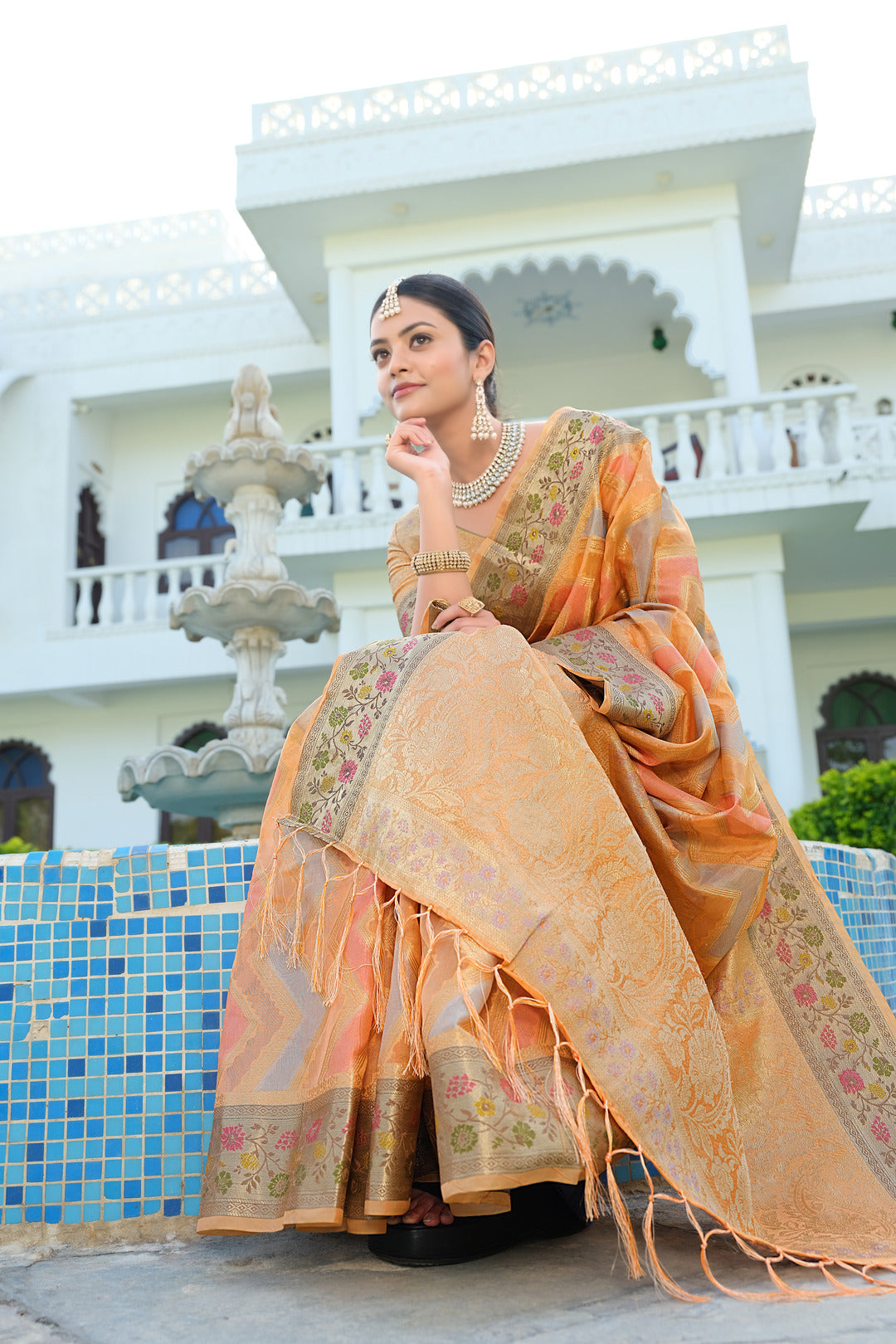 Rangkat Pumpkin Orange Leheriya Design Banarasi Organza Saree