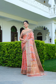 Rangkat Salmon Pink Leheriya Design Banarasi Organza Saree