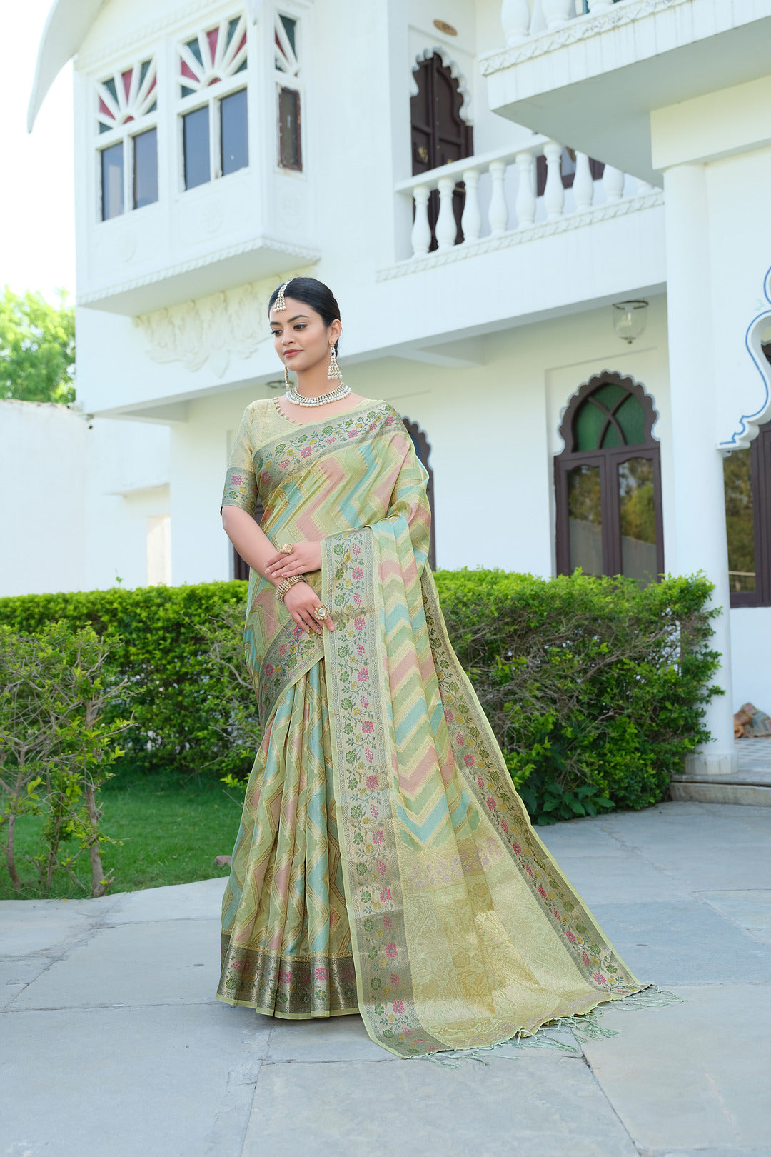 Rangkat Sage Green Leheriya Design Banarasi Organza Saree