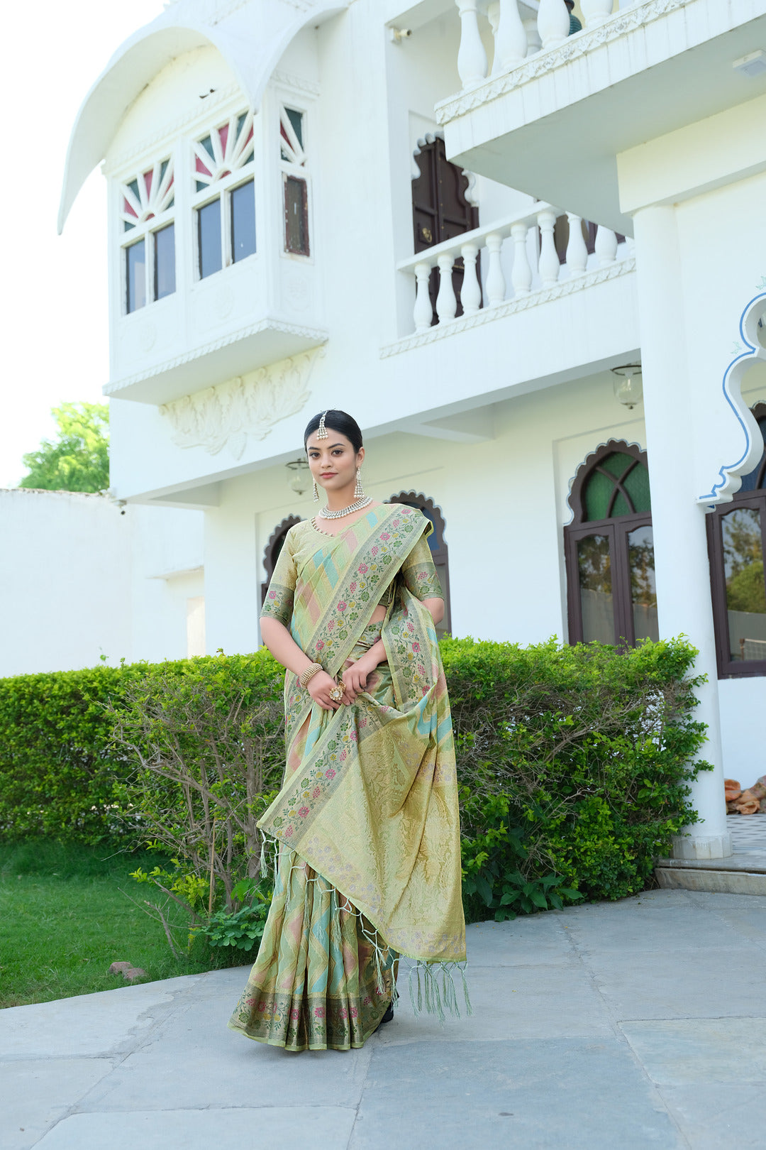 Rangkat Sage Green Leheriya Design Banarasi Organza Saree