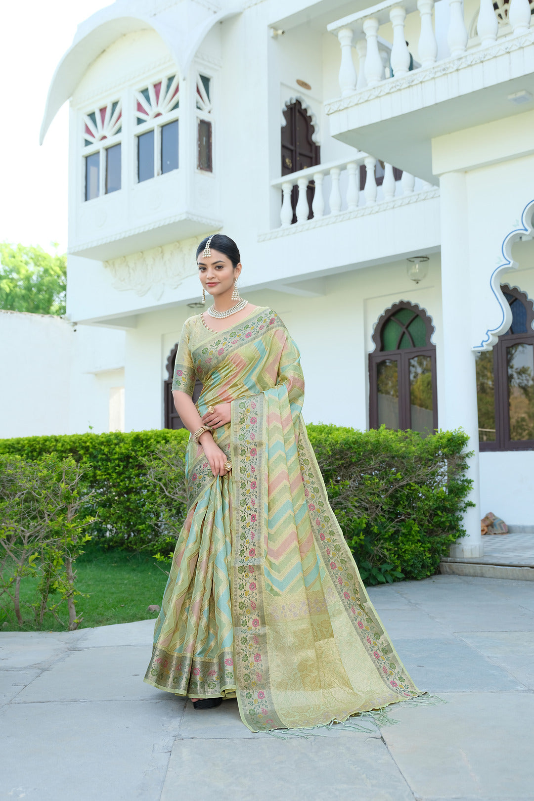 Rangkat Sage Green Leheriya Design Banarasi Organza Saree