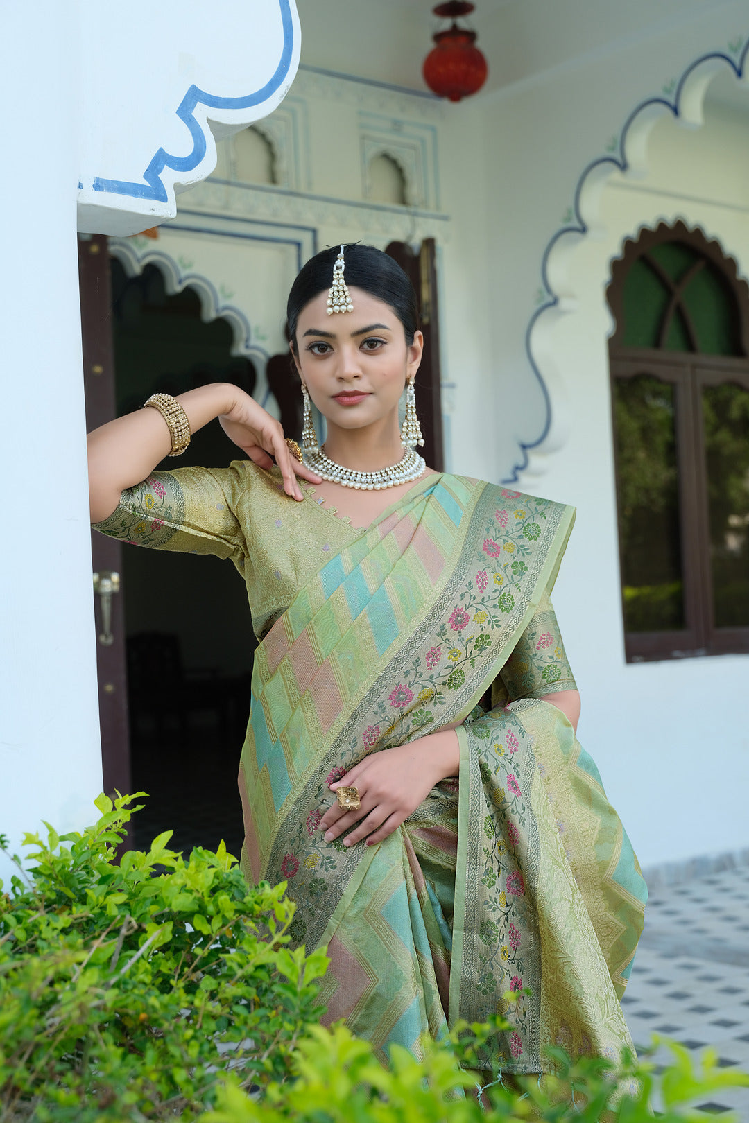 Rangkat Sage Green Leheriya Design Banarasi Organza Saree