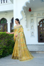 Rangkat Bumblebee Yellow Leheriya Design Banarasi Organza Saree