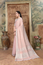 Load image into Gallery viewer, Rangrez Misty Rose Pink Soft Linen Solid Woven Saree
