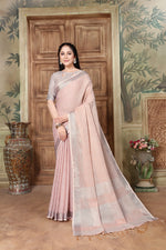 Load image into Gallery viewer, Rangrez Misty Rose Pink Soft Linen Solid Woven Saree
