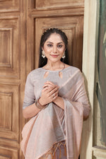 Load image into Gallery viewer, Rangrez Misty Rose Pink Soft Linen Solid Woven Saree
