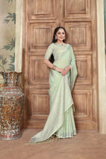 Load image into Gallery viewer, Rangrez Raw Green Soft Linen Solid Woven Saree
