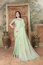 Load image into Gallery viewer, Rangrez Raw Green Soft Linen Solid Woven Saree
