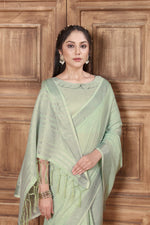 Load image into Gallery viewer, Rangrez Raw Green Soft Linen Solid Woven Saree
