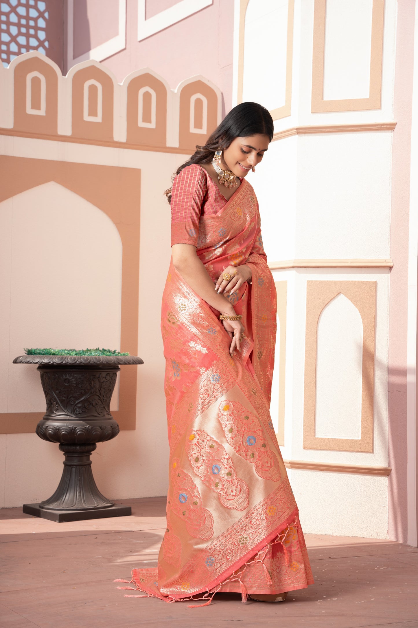 Riddhi Peach Cotton Silk Saree