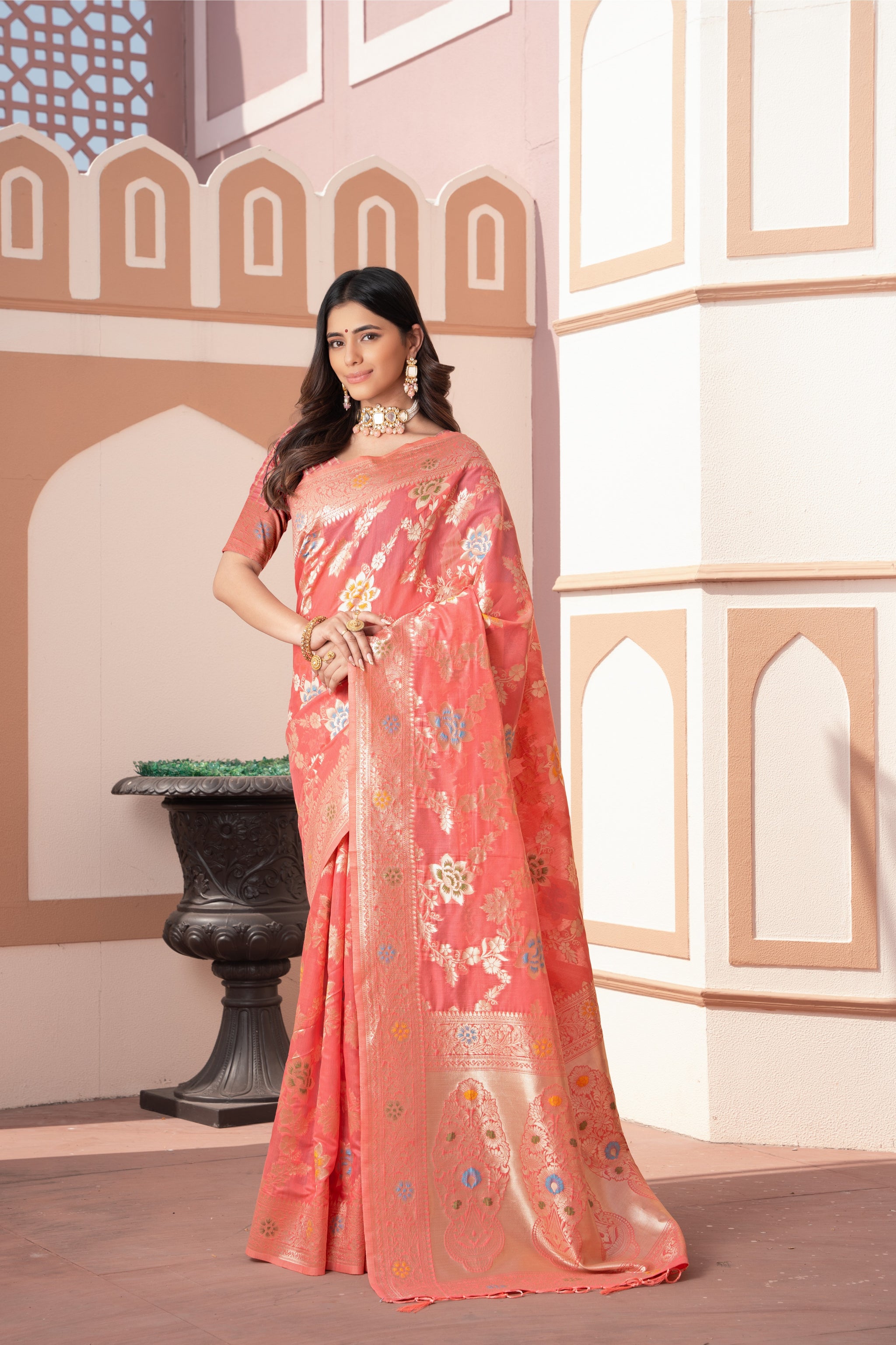 Riddhi Peach Cotton Silk Saree