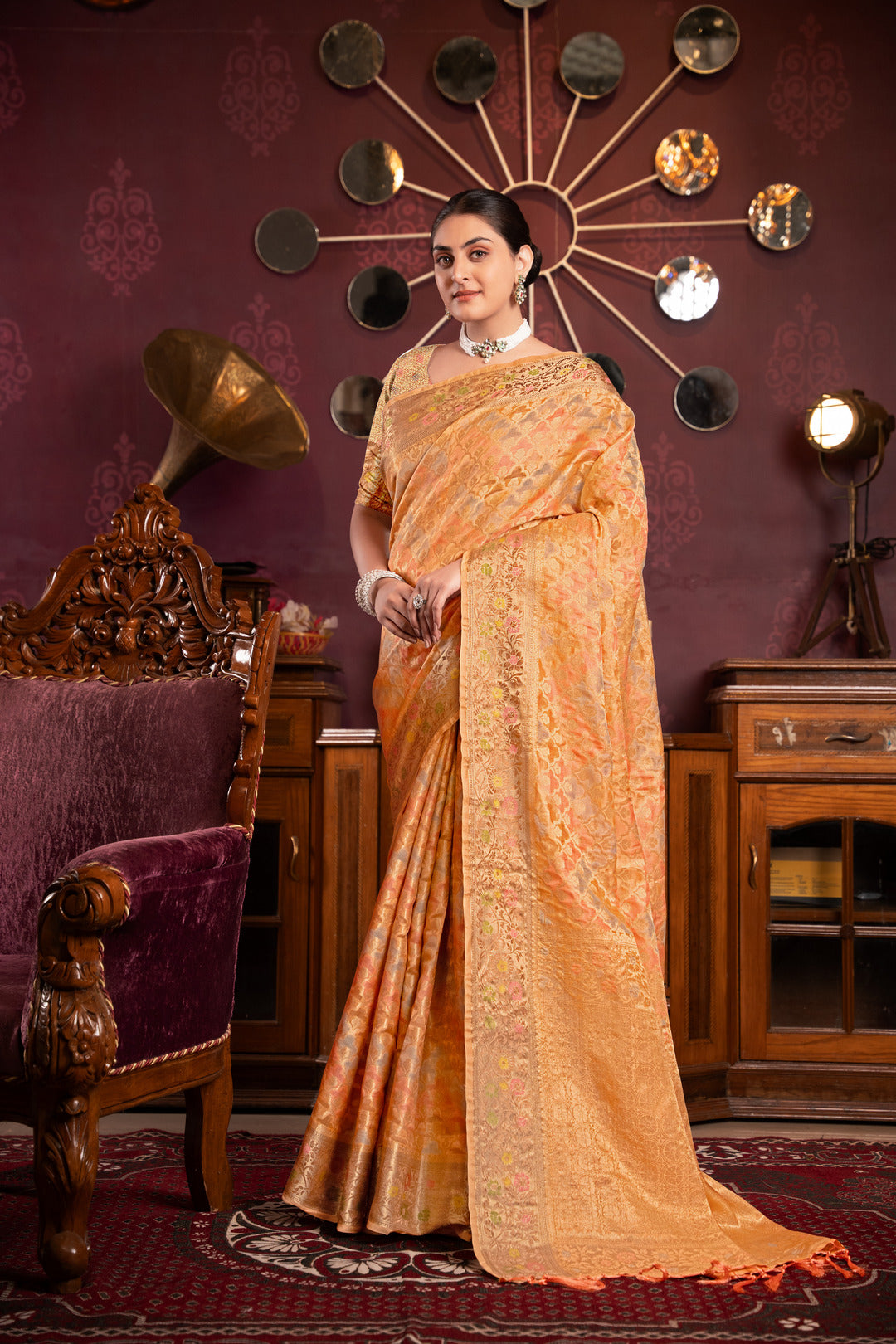 Riona Orange Organza Silk Woven Saree