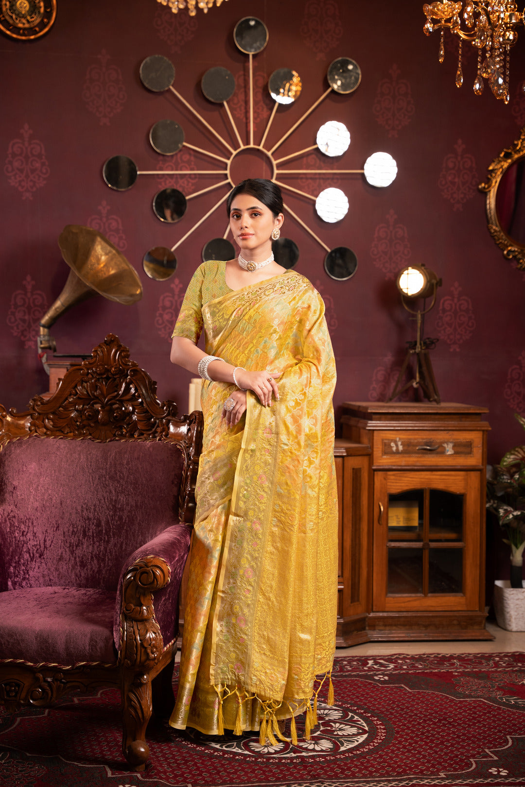 Riona Yellow Organza Silk Woven Saree