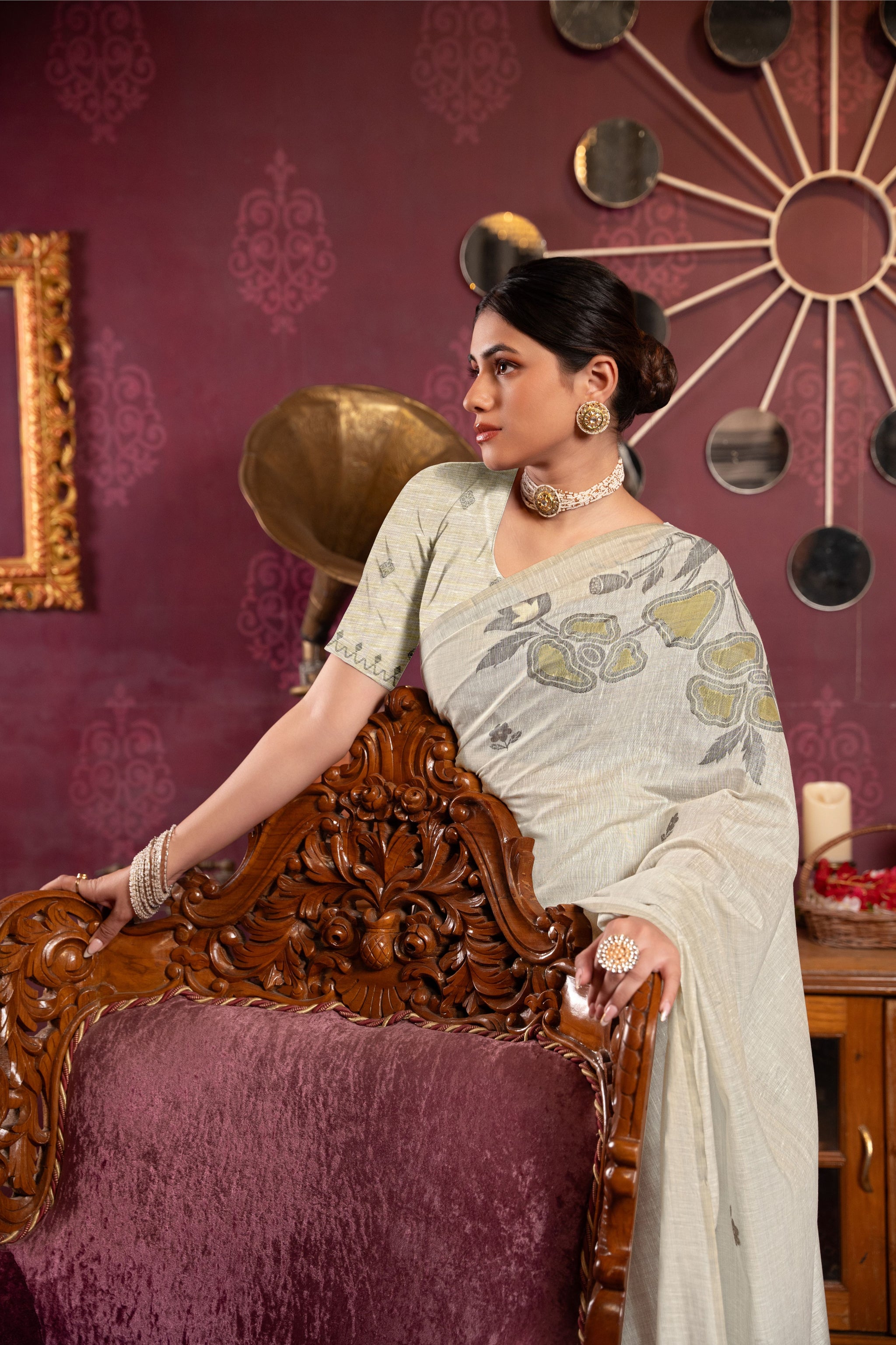 Ruby Beige & Pista Mul Cotton Woven Saree