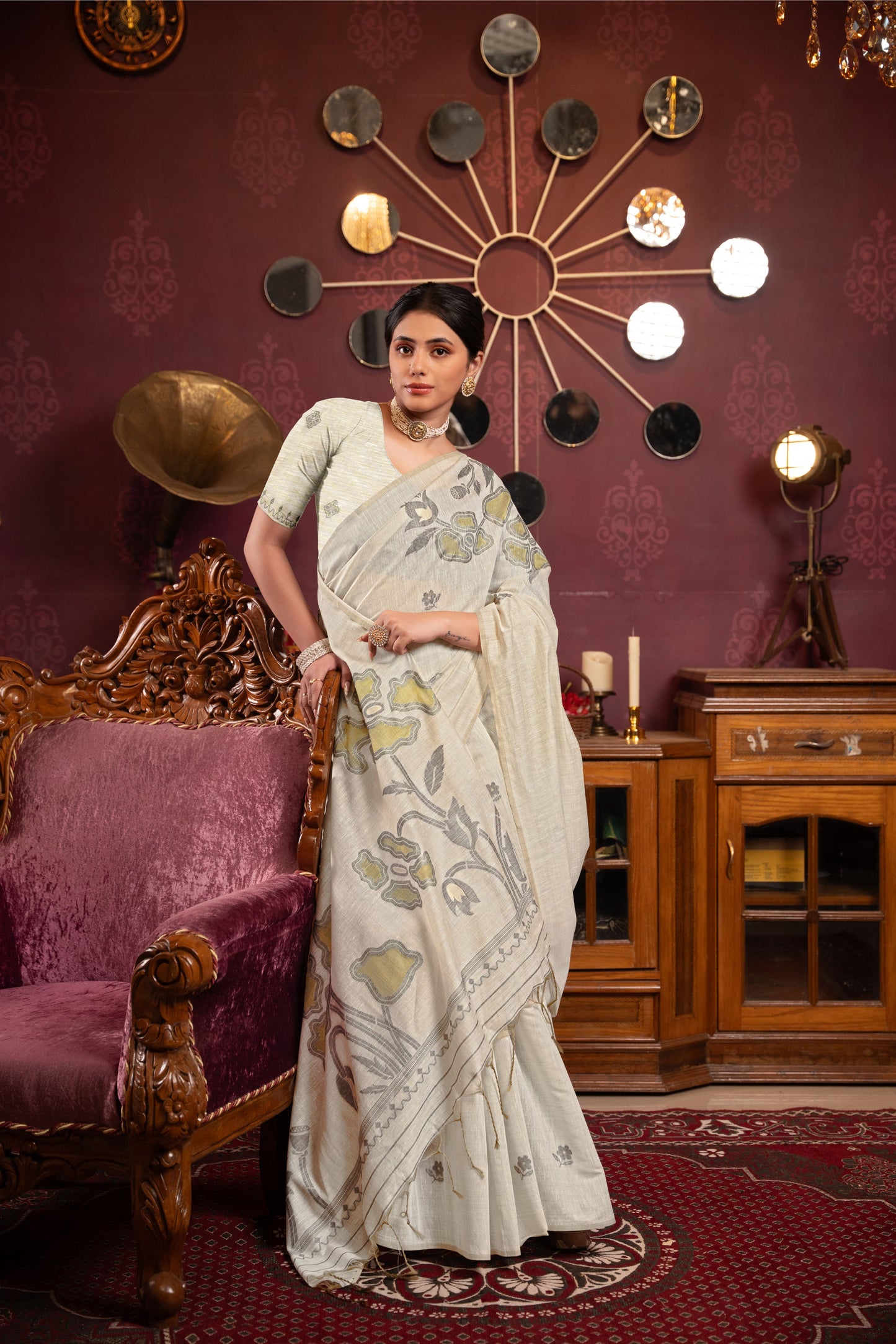 Ruby Beige & Pista Mul Cotton Woven Saree