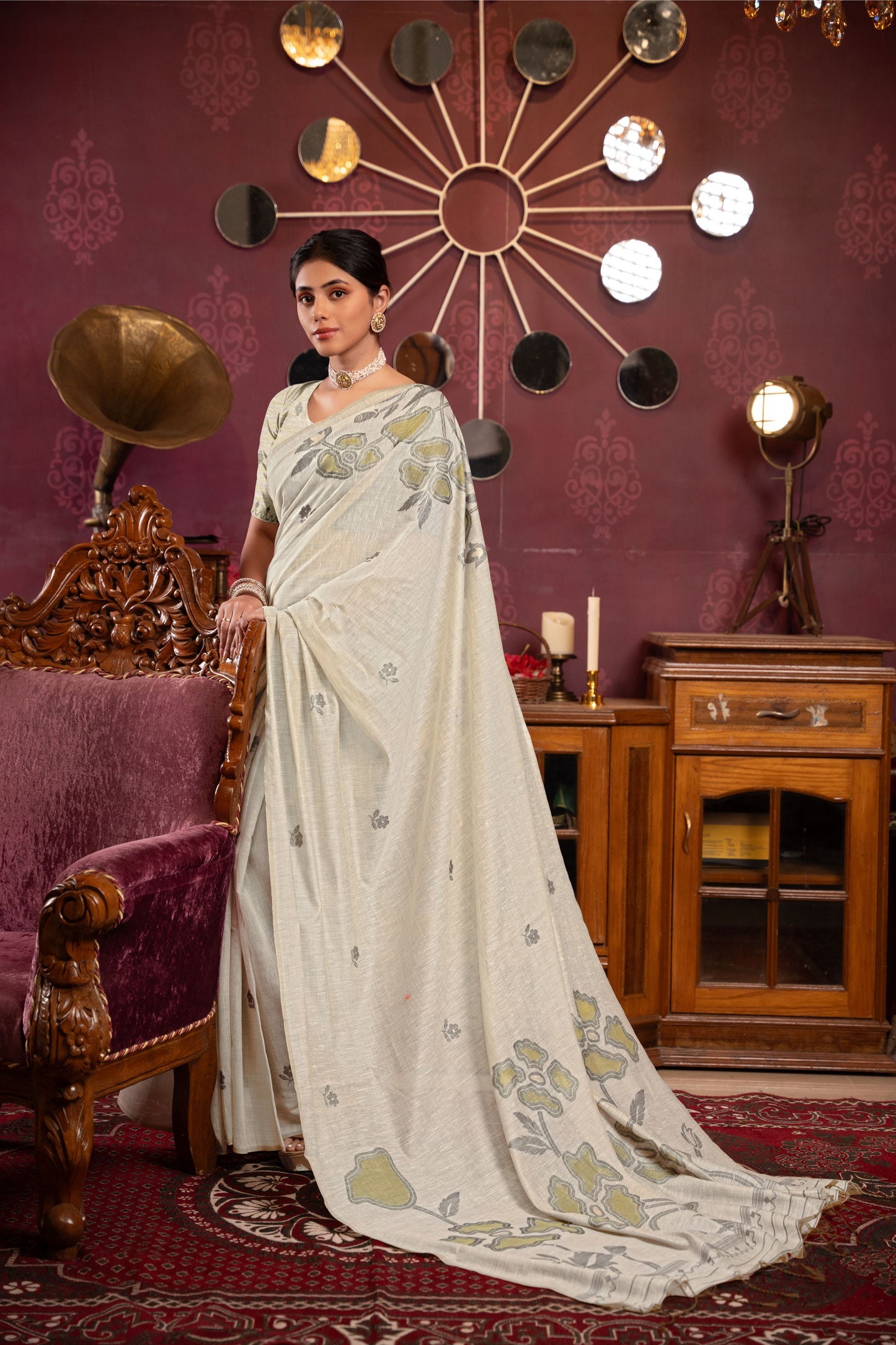 Ruby Beige & Pista Mul Cotton Woven Saree