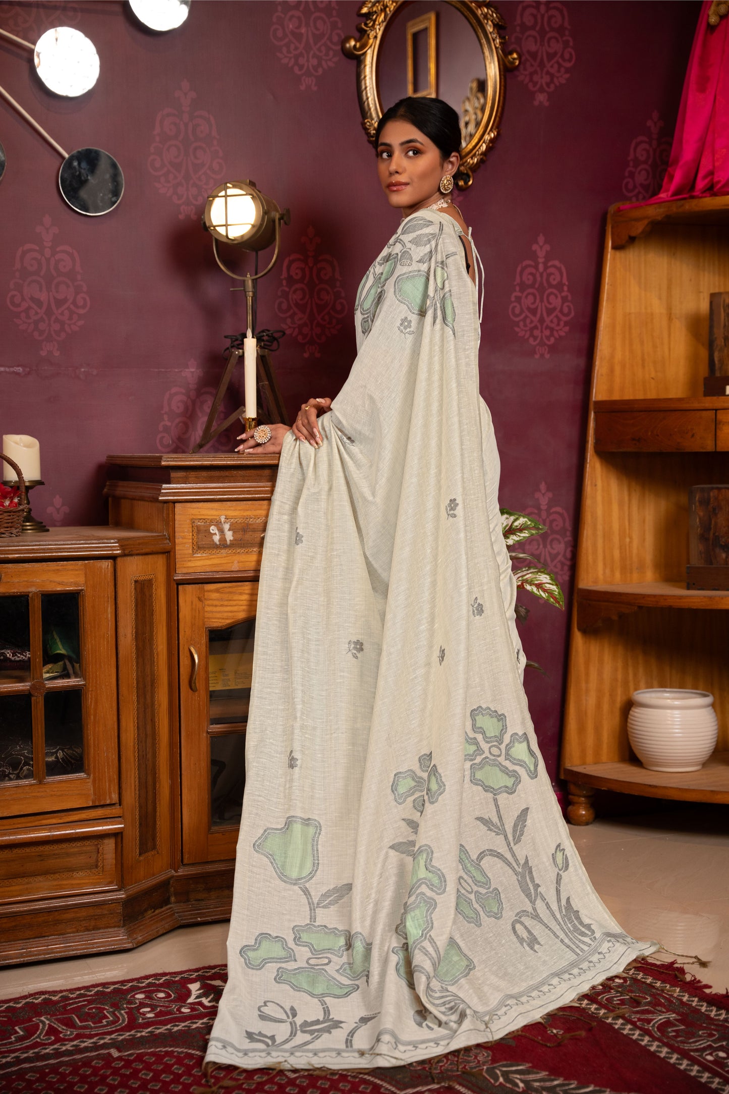 Ruby Beige & Sea Green Mul Cotton Woven Saree