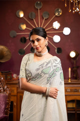 Ruby Beige & Sea Green Mul Cotton Woven Saree