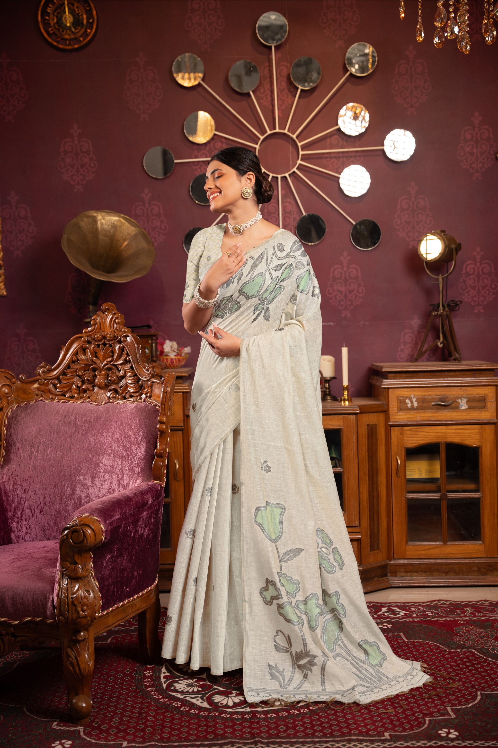 Ruby Beige & Sea Green Mul Cotton Woven Saree