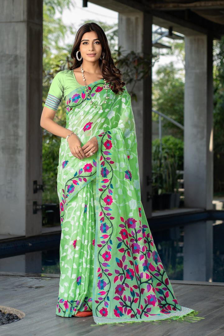 Ruhani Mint Green Cotton Jamdani Saree