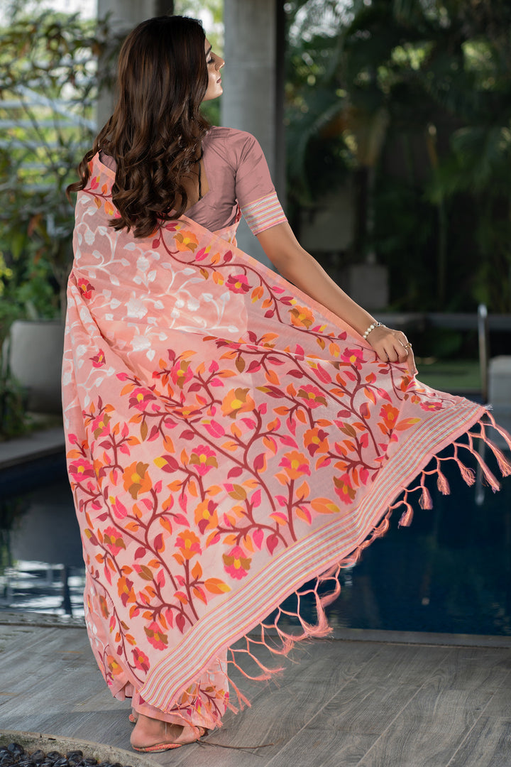 Ruhani Blushing Peach Cotton Jamdani Saree