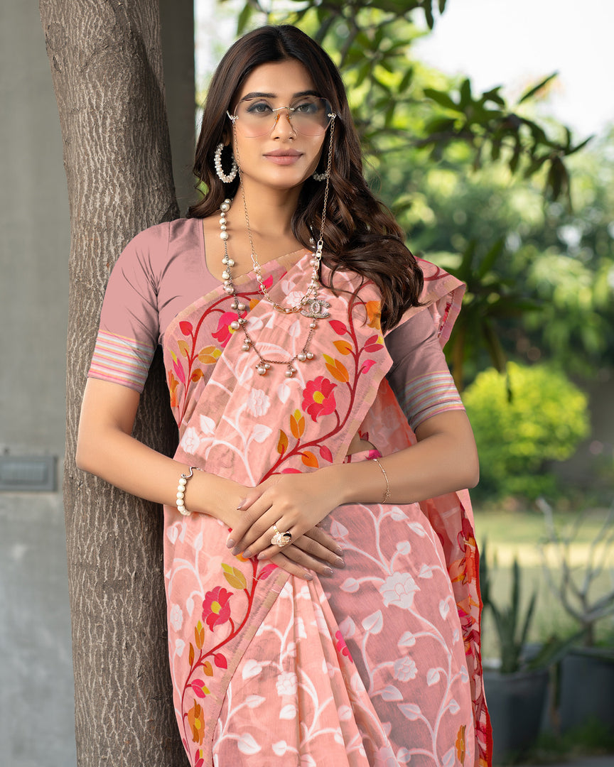 Ruhani Blushing Peach Cotton Jamdani Saree