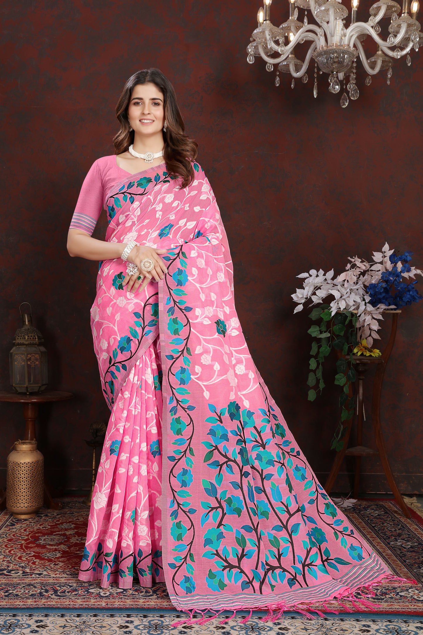 Ruhani Cotton Candy Pink Cotton Jamdani Saree