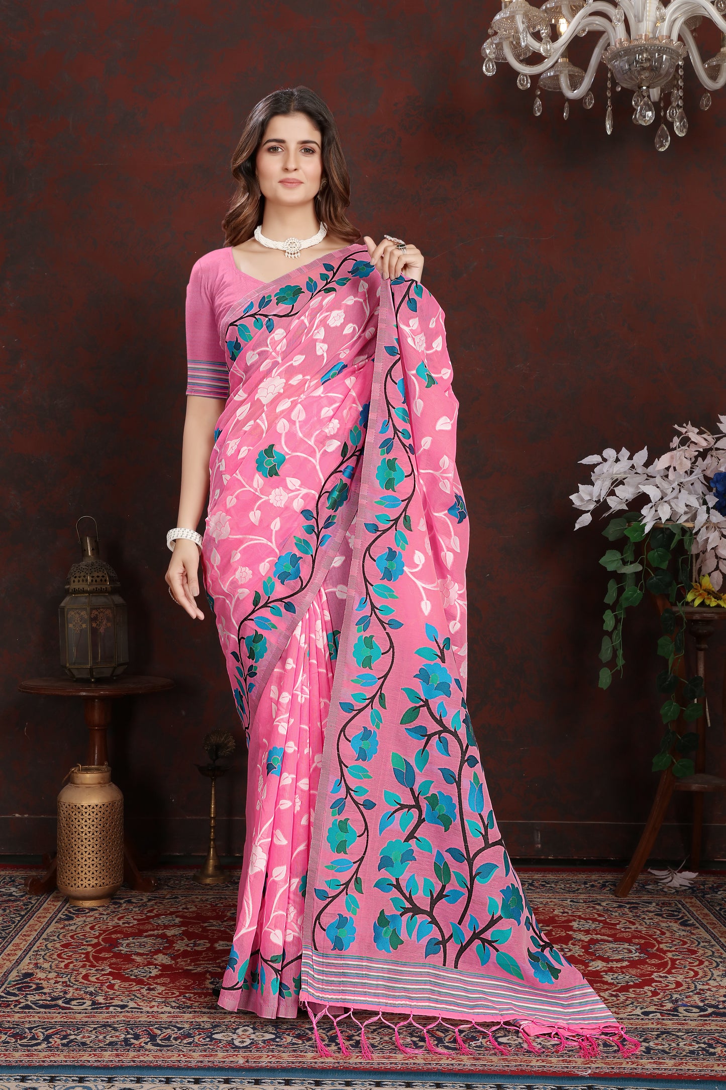 Ruhani Cotton Candy Pink Cotton Jamdani Saree